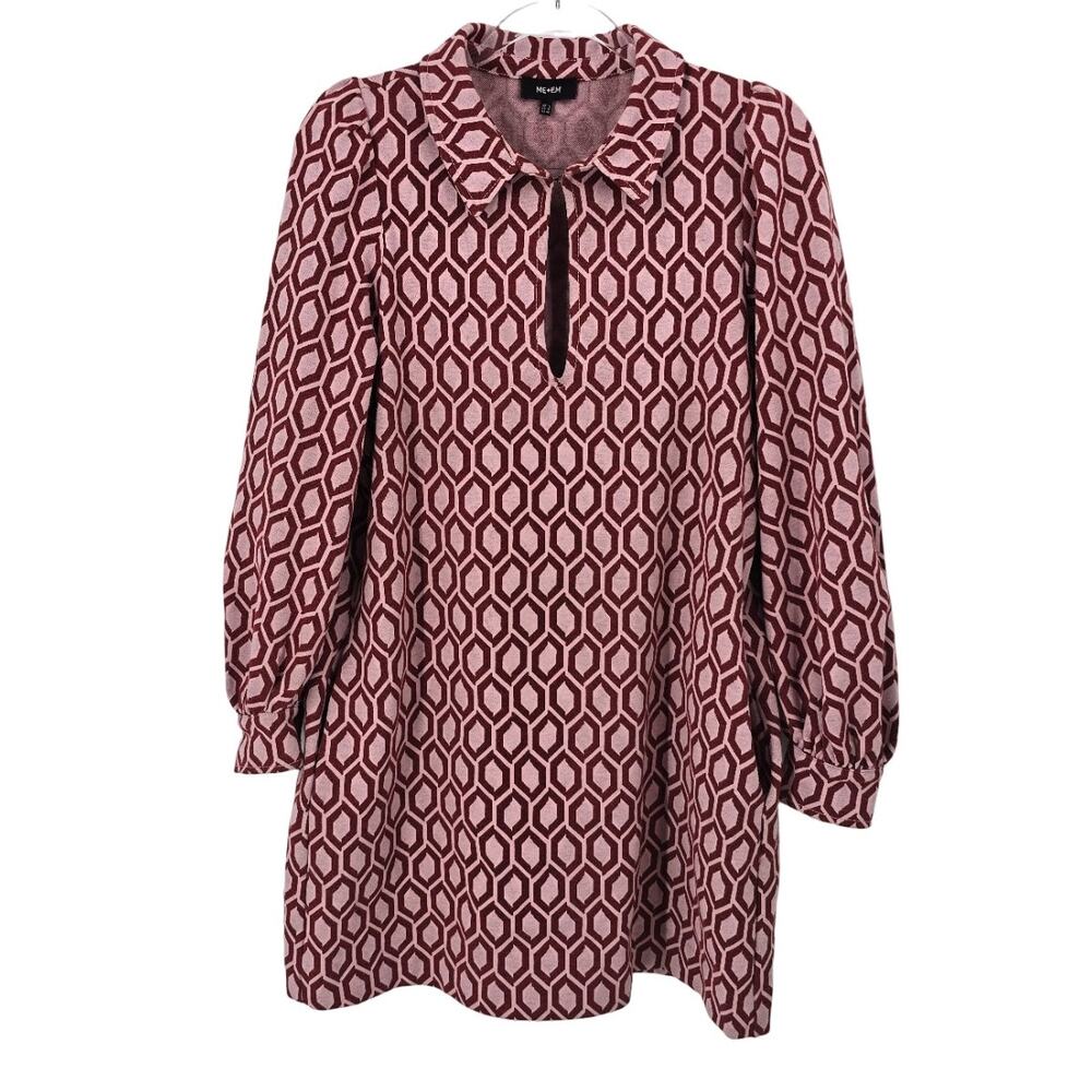 ME+EM Geometric Print Collared Keyhole Puff Sleeve Mini Dress Pink Maroon 12